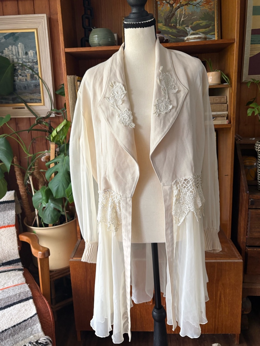 Boho Chic Vintage Cream Lace Inset Longline Sheer Open Front Robe Duster OS